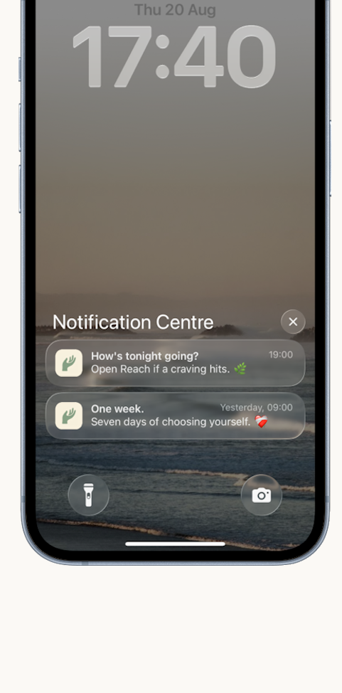 iPhone Notification Centre with two Reach notifications: “How’s tonight going? Open Reach if a craving hits.” and “One week. Seven days of choosing yourself.”